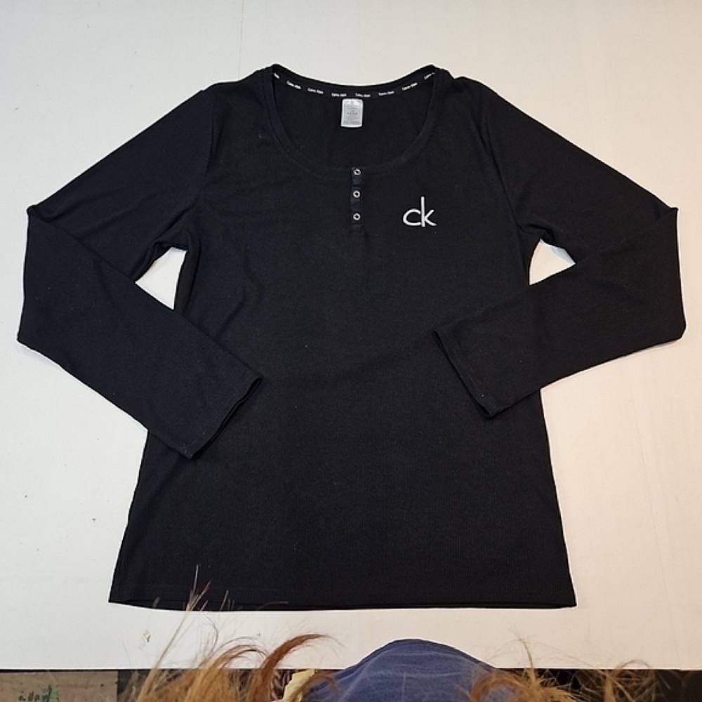 Calvin Klein Snap Henley Shirt Womens Large Black Long Sleeve Top